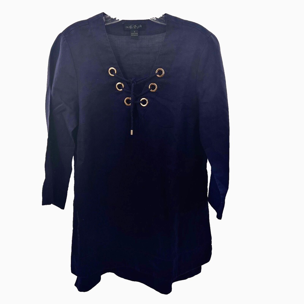 AUGUST SILK Women's Sz S Navy Blue 100% Linen 3/4-Sleeve Tunic Blouse Top Shirt